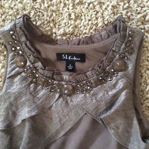 Taupe ruffled dress with jeweled neckline size 6